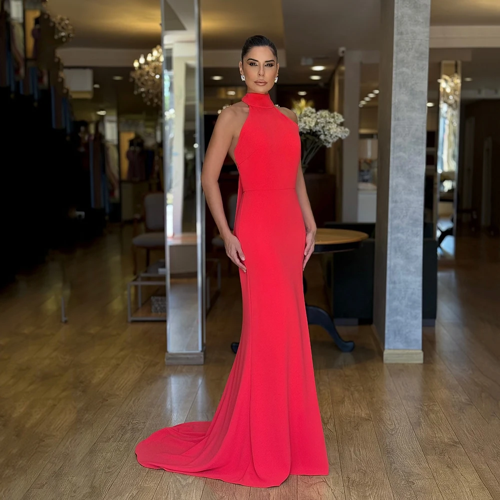 

Msikoods Red Halter Evening Dresses Backless Bow Mermaid Sexy Prom Dress Women Long Formal Evening Party Dress Customized