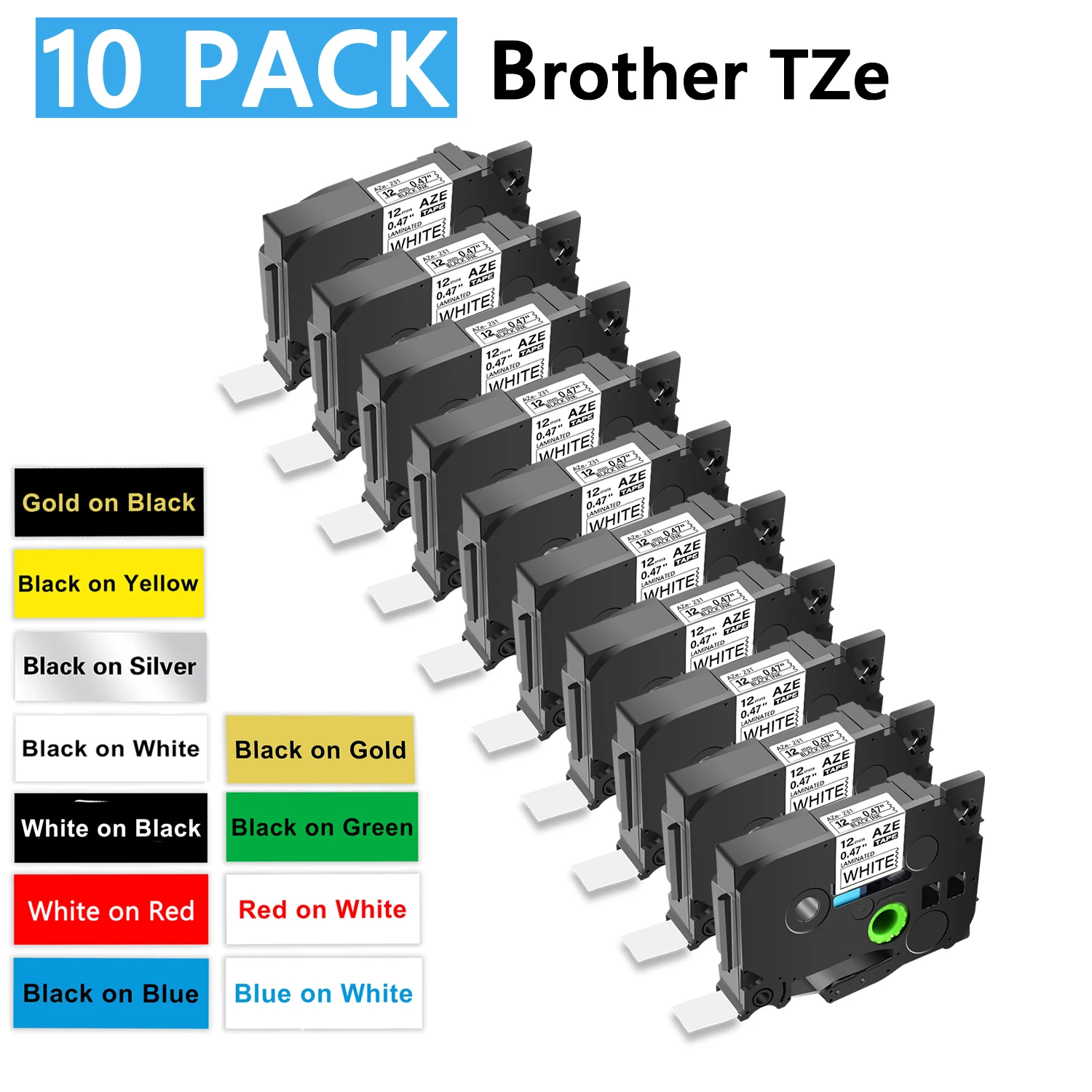 Greencycle 10PK TZe 231 Label cassettes Compatible for Brother Ptouch Printer Black on white Label tape 6mm 9mm 12mm 18mm 24mm