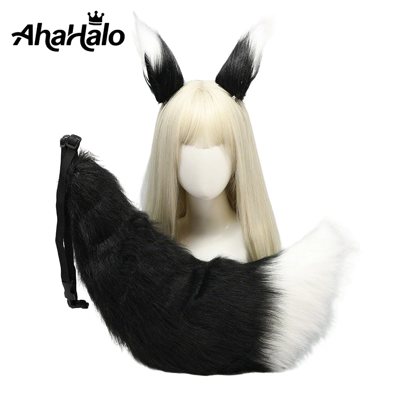 Faux Fur Cat Fox Wolf Furry Tail and Clip Ears Headdress Halloween Werewolf Luxury Tail Cosplay Costume Accessories Set 70cm