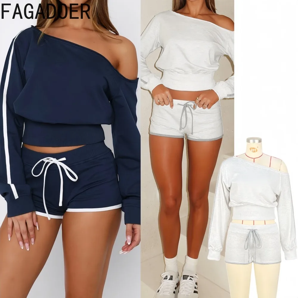 

FAGADOER Casual Bodycon 2 Pieces Sets Women Outfits Solid Off Showlder Crop Top and Drawstring Shorts Matching Female Streetwear