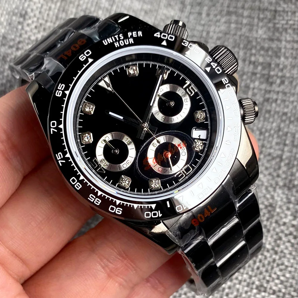 Black Quartz Watch Male Dayto-na VK63 Dimond Markers Speed Chronograph Three- Dial Steel Calendar Nologo Sport Clock 24 hour
