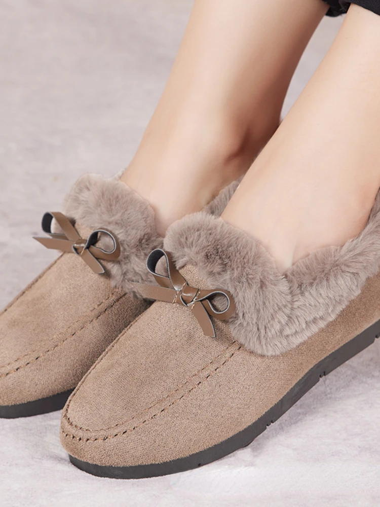 Women Winter Casual Shoes New Moccasins Soft Flat Non-slip Loafers Fashion Comfort Warm Plush Bow Slip on Female Cotton Shoes