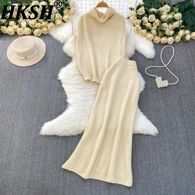 

HKSH Two Pieces Set For Women Autumn Winter New Half Turtleneck Sleeveless Knitted Elegant Fashion Sweater Mermaid Skirt HK10985