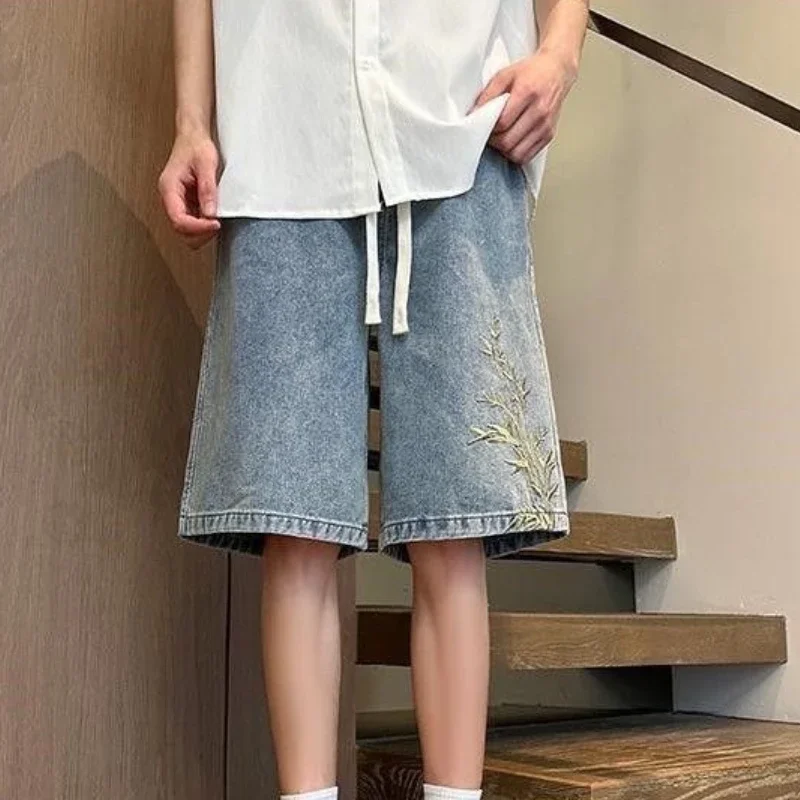 

Men's Short Jeans Pants Baggy Half Loose Long Male Denim Shorts Drawstring Wide with Pockets Bermuda Vintage Xl Distressed Jorts