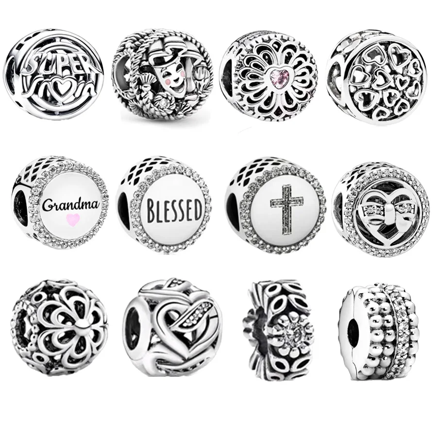 Hot Sale Authentic Cross & Mom Hero Openwork Charm Beads Fit Original 925 Sterling Silver Bracelet Bangle DIY Women Jewelry Gift