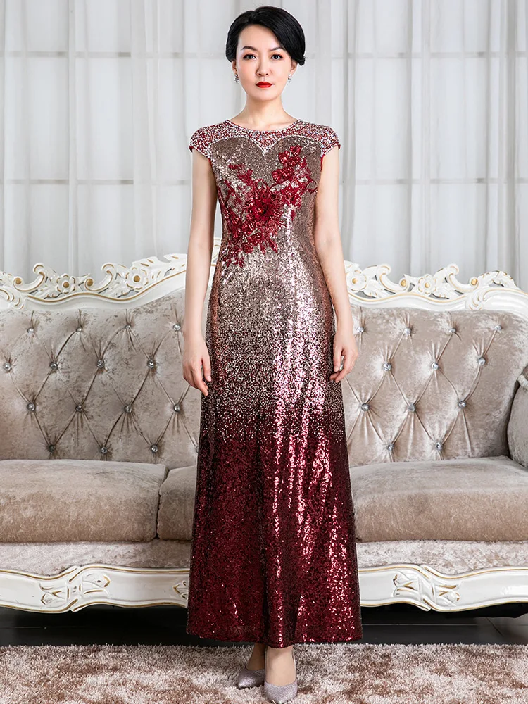 

Shiny Sequin Mother Of The Bride Dresses With Handmade Beads Elegant Modest Round Neck Ankle-Length Long Women Evening Gowns