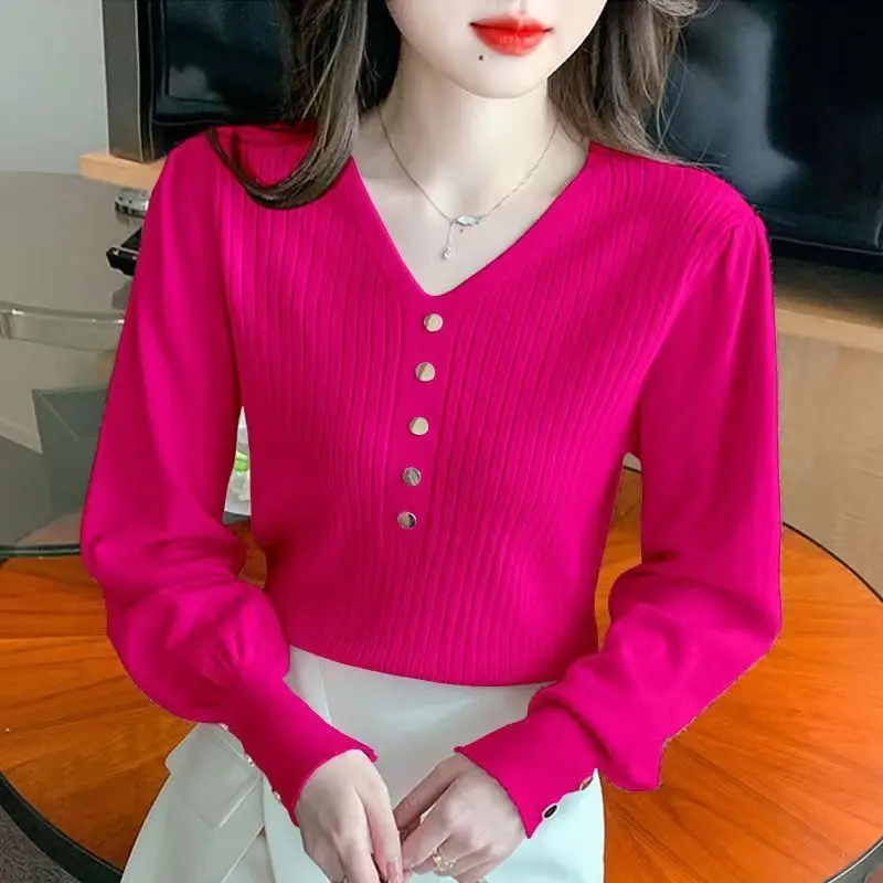 Women\'s V-neck Solid Color Pullover Sweater Button 2023 Autumn and Winter Female Clothing Fashion Loose Puff Sleeve Knitted Top