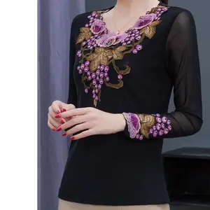 Langes weibliches, langes T -Shirt, weibliche Tops, Stickerei, Gold, Trauben, Perspektive, Elastizität, junge Dame Mode, Sommer 8 Hauptverkaufshemd - №3