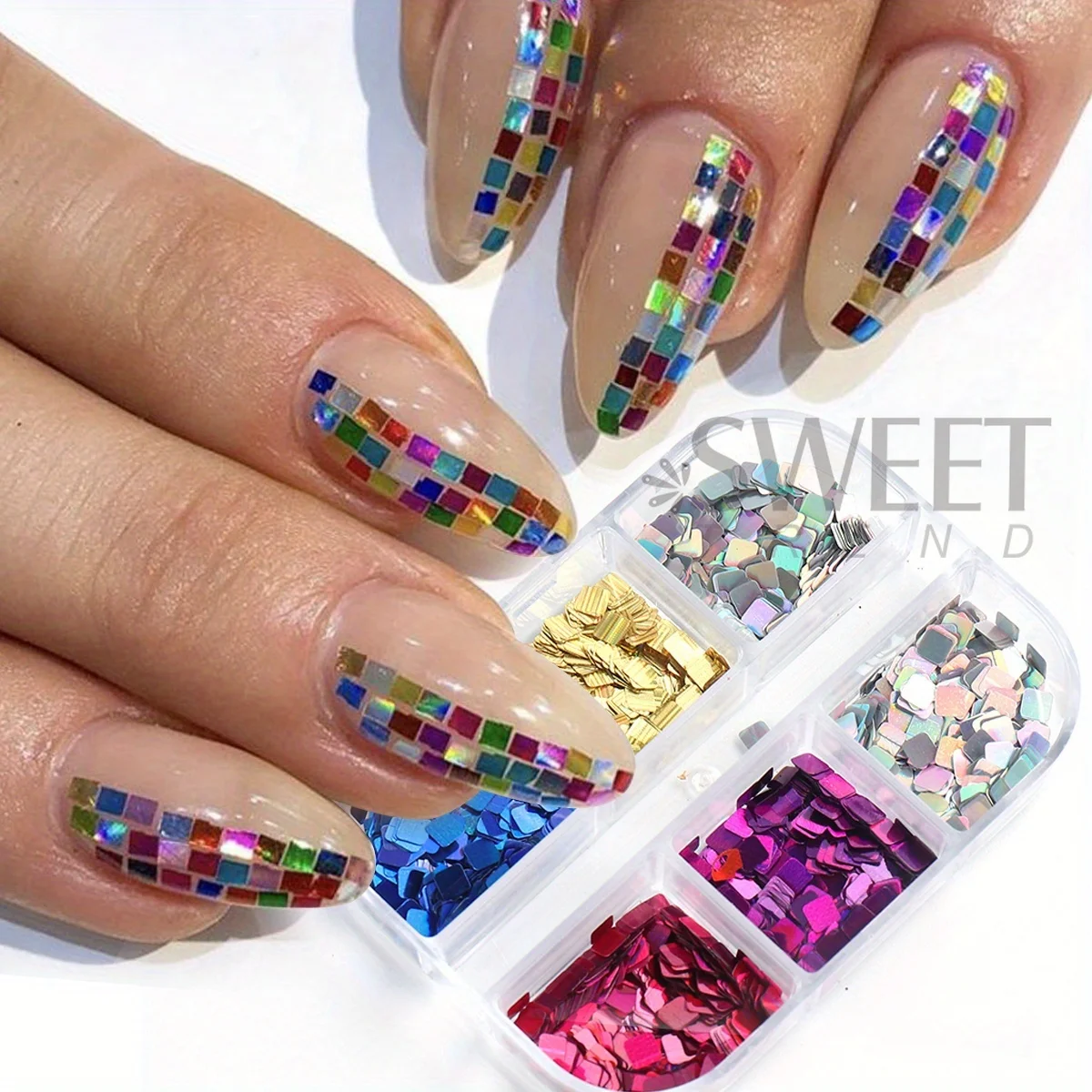 6 Grids Laser Square Nail Art Sequins Mosaic Holographic Simple Glitter Flakes Chessboard Plaid Decor Paillette Manicure Sparkly