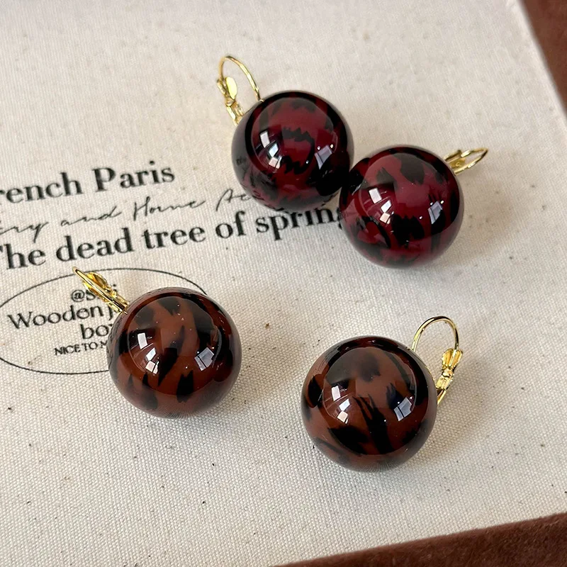 Deep Red Leopard Print Ball Earrings with Hook Vintage Premium Lightweight Winter Fall Small Niche Design Elegant Gift Jewelry