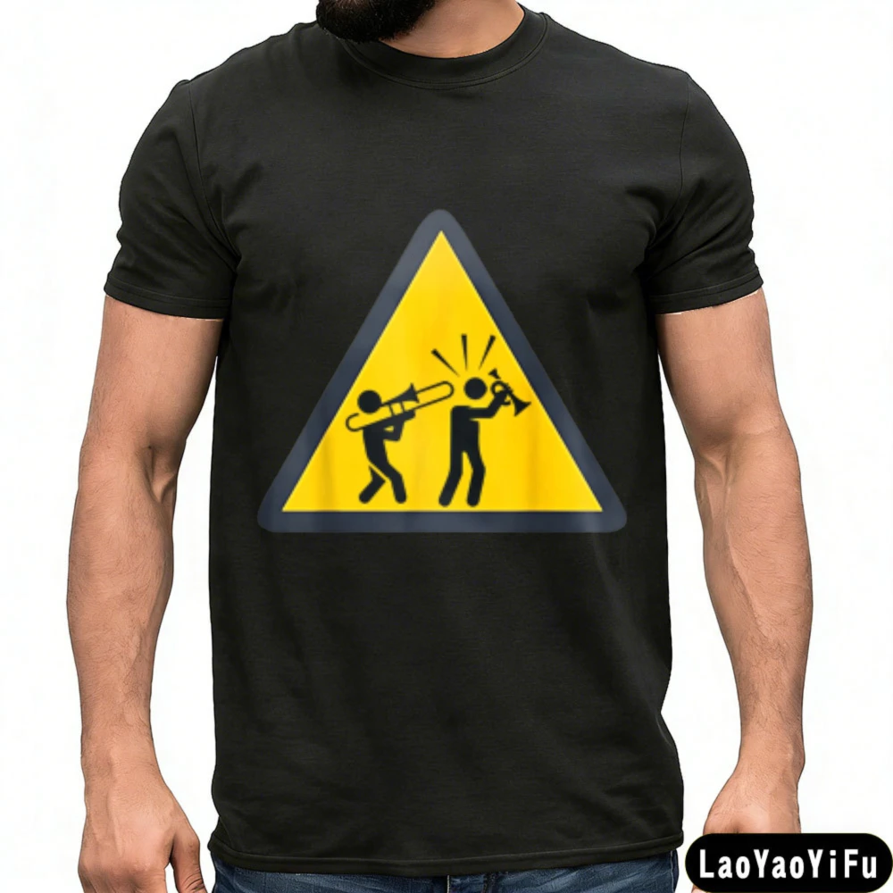 Warning Sign Trumpet Music Pattern Creative Design T-shirt Funny Men Summer Casual Short Sleeve Humorous Daily Life Cotton Tops