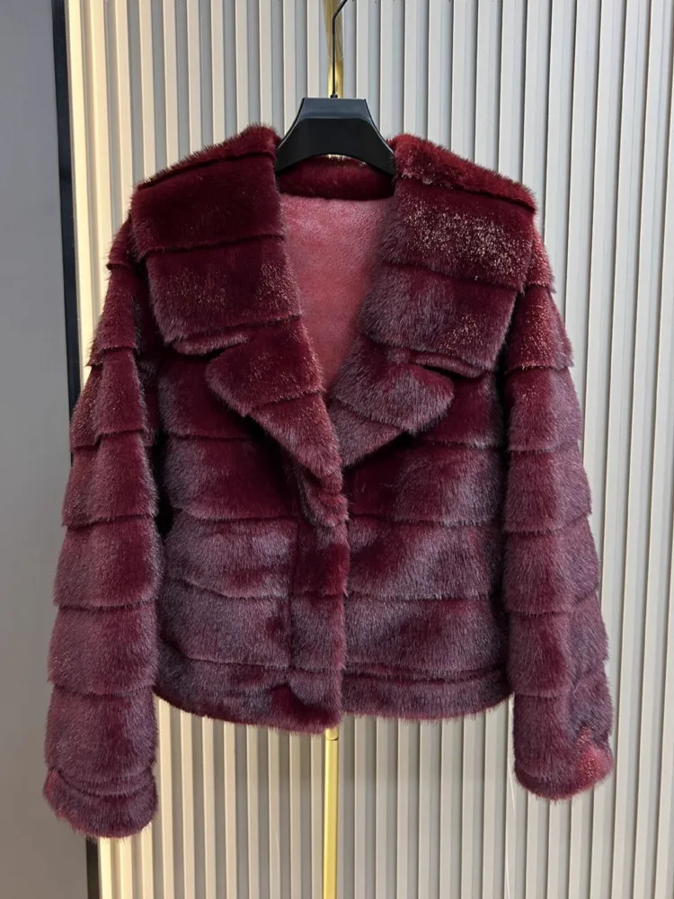 ZMEENNA 여성용 짧은 인조 모피 자켓 가로 레이어드 패널 디자인 와이드 라펠 칼라 푹신한 따뜻한 겨울 겉옷 ZM4469