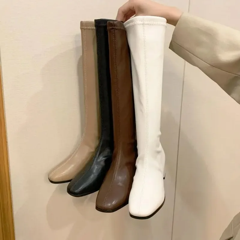 2024Fashion Women  Black Block High Heels Long Boots New Winter Warm Knee High Boots Soft Leather Thigh High Boots Shoes