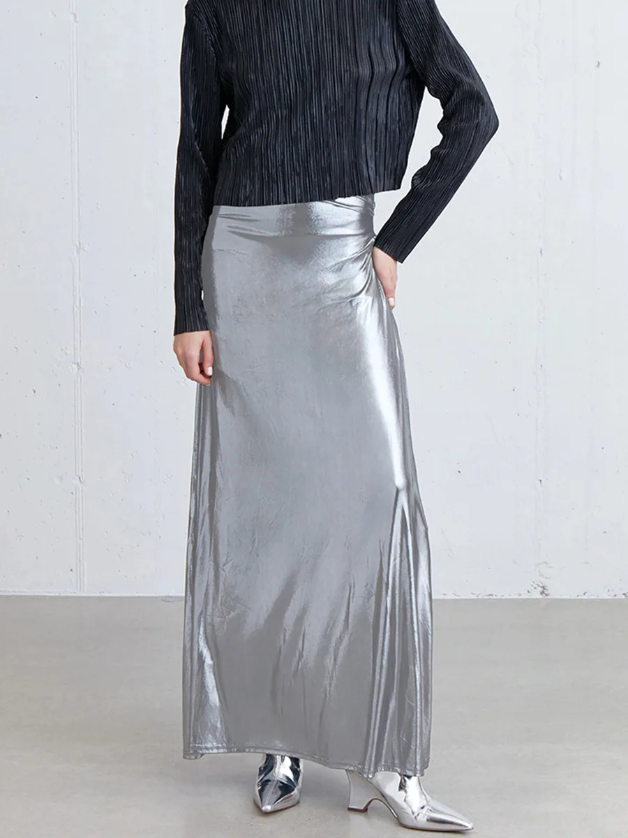 Summer 2024 Zipper Ruched Skirts Women Silver Floor-Length A-Line Skirts Female Street High Waist Bright Midi Skirts