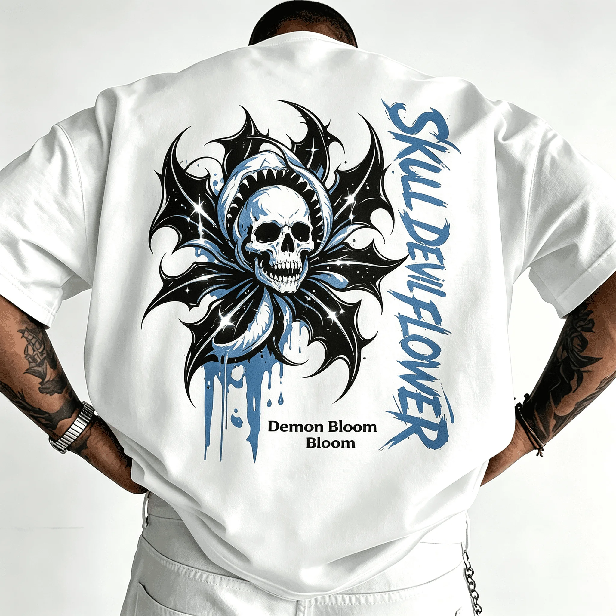 Unisex Oversized White T-Shirt Skull Devil Flower Demon Thorn Graphic Back Print Gothic Streetwear Short Sleeve Tee For Men Women
