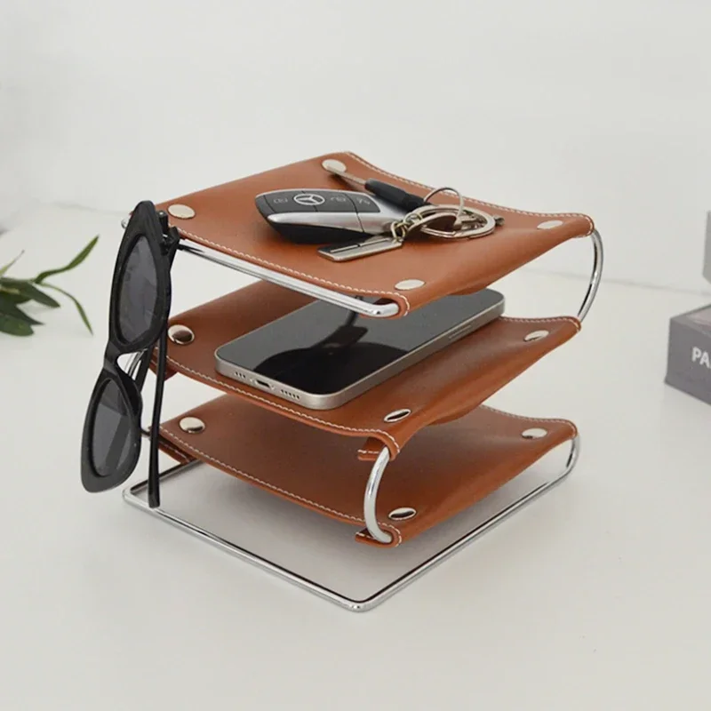 

Nordic Iron Desk Organizer Multi-Layer Leather Metal Tray Entryway Key Holder Photo Prop Decor Stylish Storage Holders
