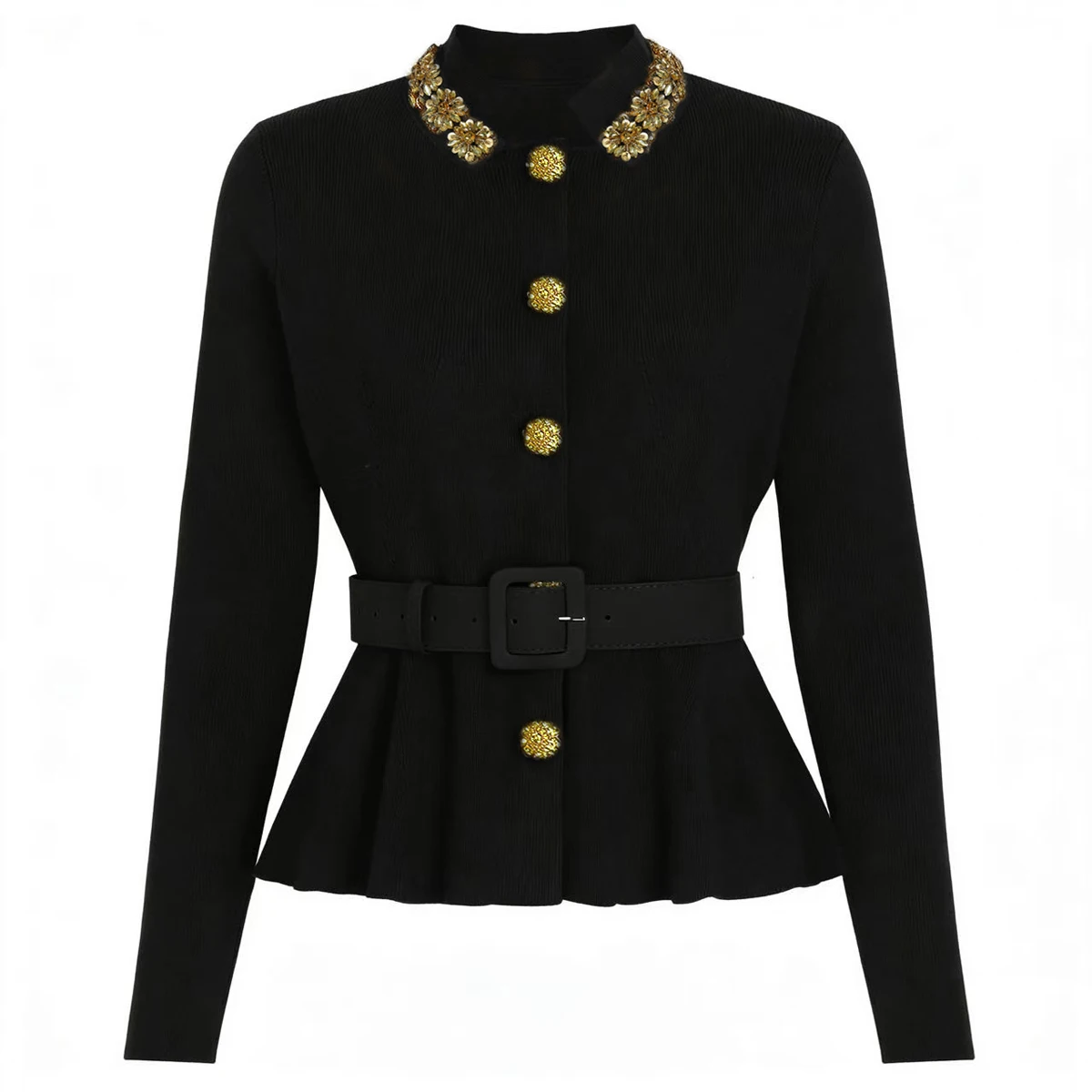 

2622 New Spring Autumn Fashion Women Knitted Cardigan Heavy Beaded Design Round Neck Jacket With Belt Elegant Commute Wear