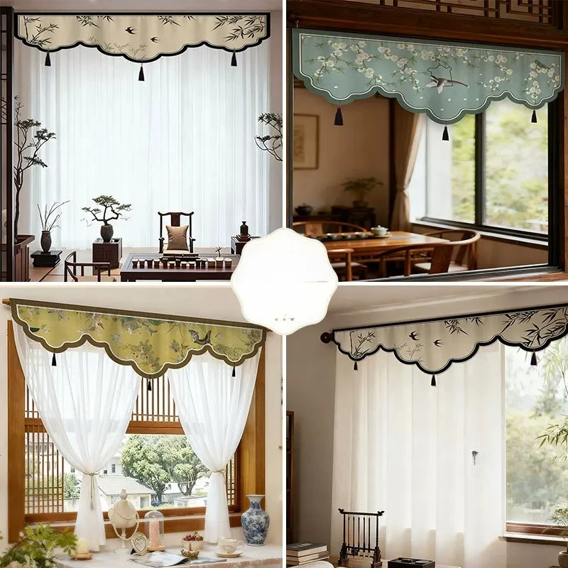 Chinese Song Style Valance Curtain Traditional Ink Painting Floral Bird Fabric with Tassels Self Adhesive Short Window Curtain