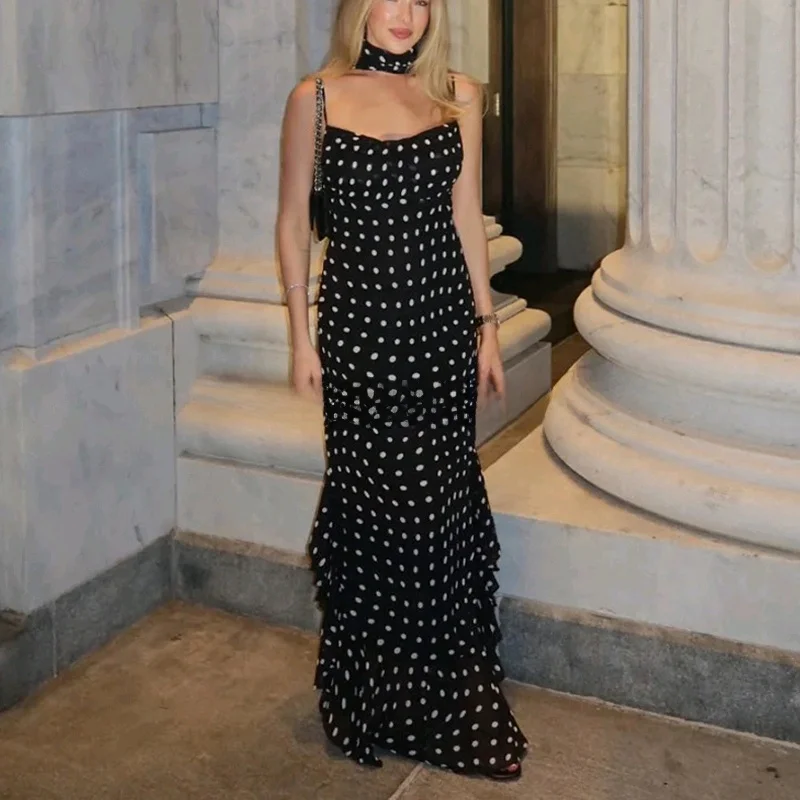 Estate nuova casual Sle donna Dr con sciarpa a pois vita alta abito lungo senza spalline balza orlo Ele Faion