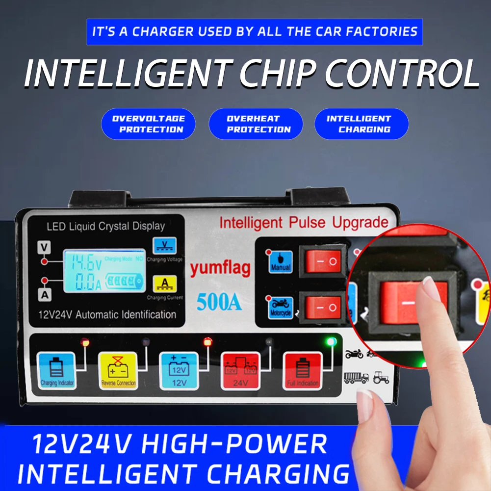 

500A Car Battery Charger LCD Display Smart Charger Car and Motorcycle Battery Charging Unit for Lead-Acid AGM GEL EFB Batteries