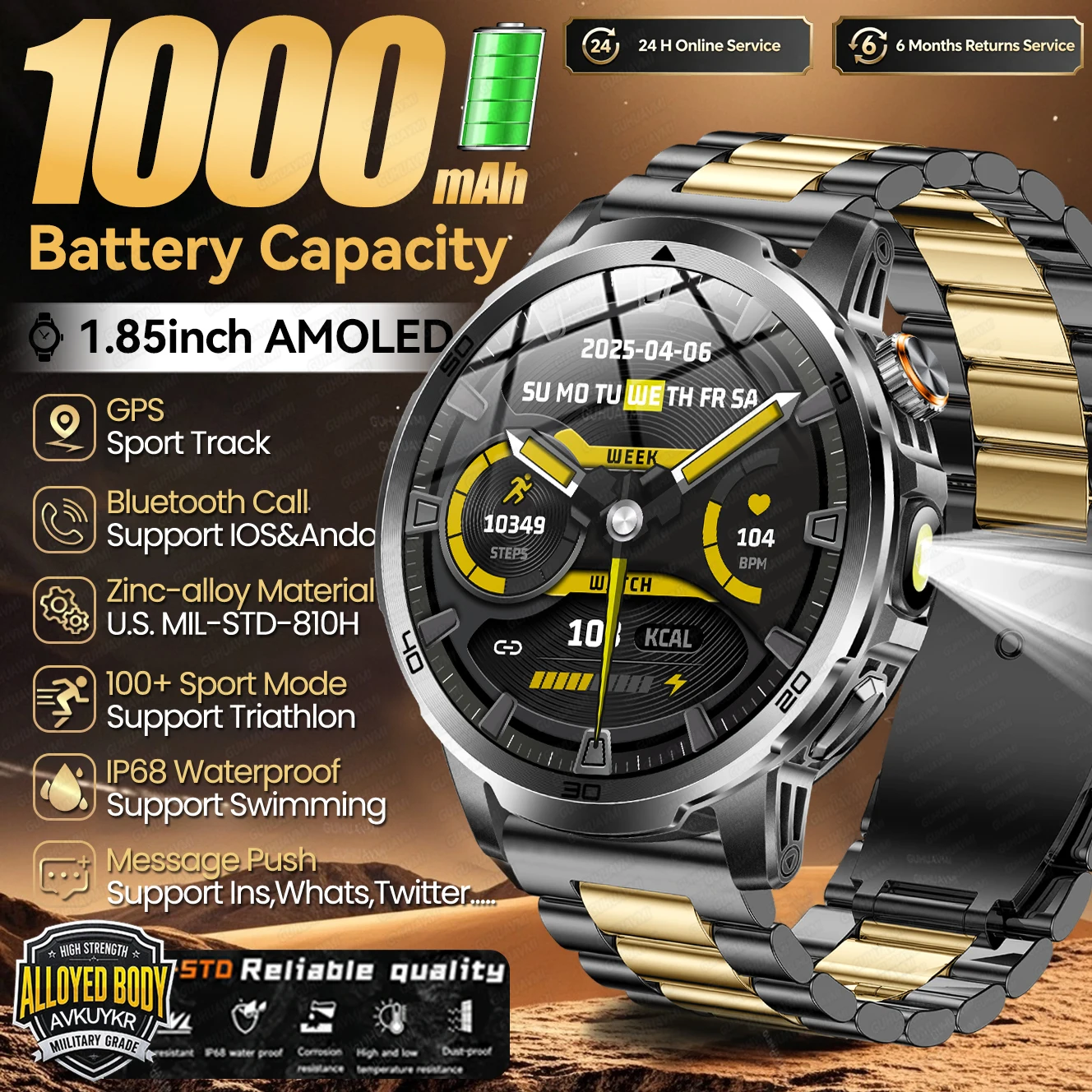 

Military Grade 1000mAh Ultra-Large Battery Smart Watch IP68 Waterproof GPS BT Call call 1.85"AMOLED Men Sports 2025 Smartwatches