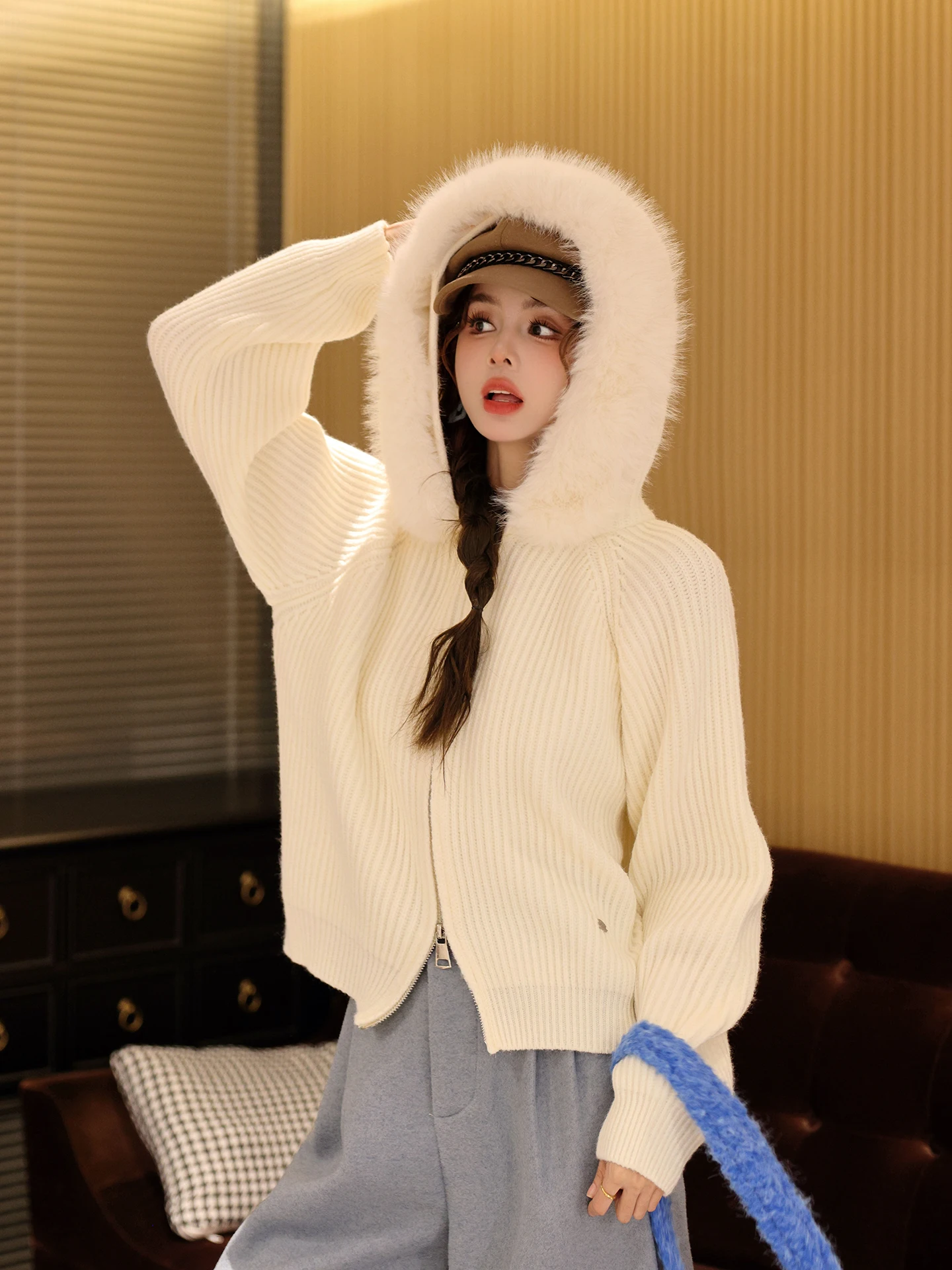 

White Hooded Knitted Sweater Women's Autumn Winter Loose Zipper Versatile Top Chen Jiajie Snow Path Fce Warm Cotton Polyes...