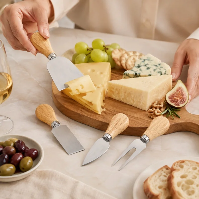 4‑Piece Cheese Knife Set Stainless Steel Cheese Slicer Cutter Fork Spatula with Wooden Handle Butter Cutter Kitchen Gadget