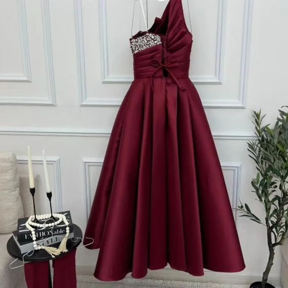 A-Line One Shoulder Satin Sleeveless Detachable Sleeves Elegant and Temperament Evening Dresses Crystal Pleats Lace Up Back