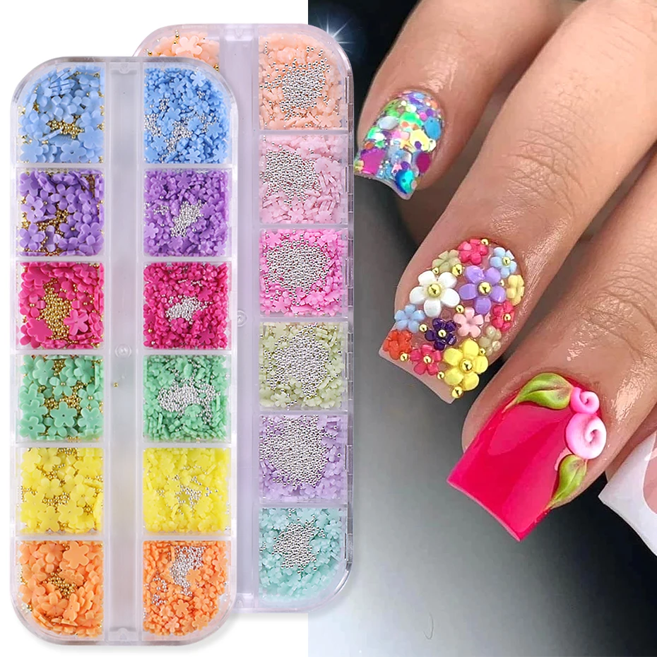 Dijes de flores pequeñas coloridas para uñas, decoración con cuentas de Caviar doradas y plateadas, manicura Floral acrílica, joyería de diamantes de imitación, 12 rejillas