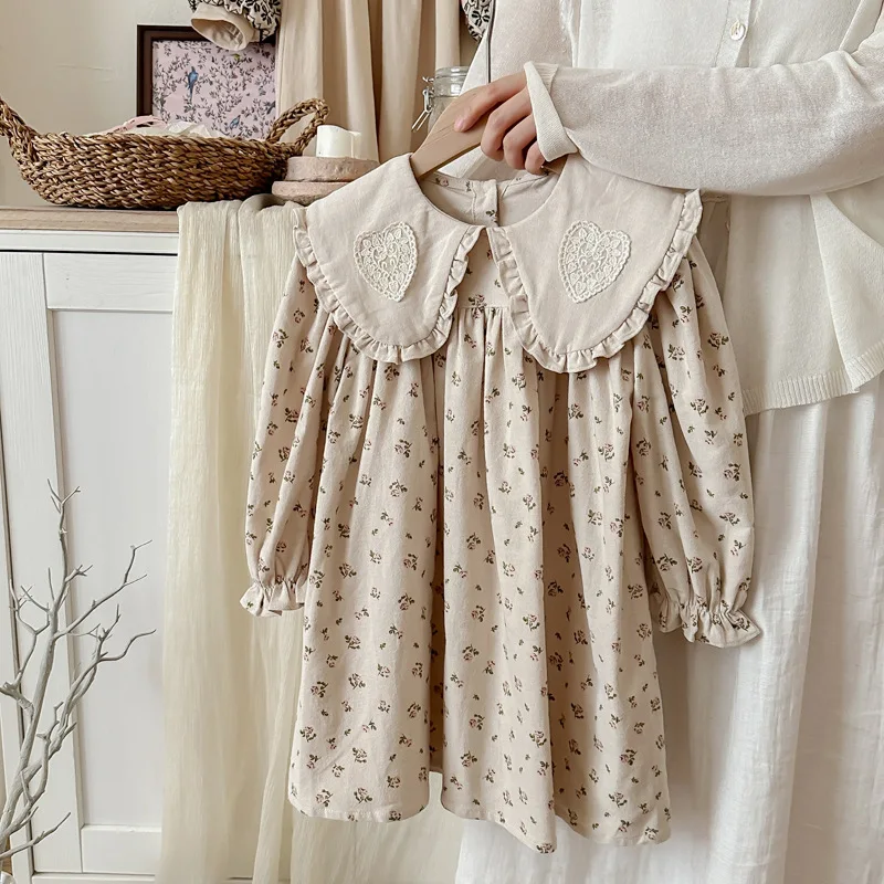 

Girls' Pure Cotton Princess Dress with Lace Print Lapel Long-Sleeved Sweet Style Autumn New Fashion Children's Dress