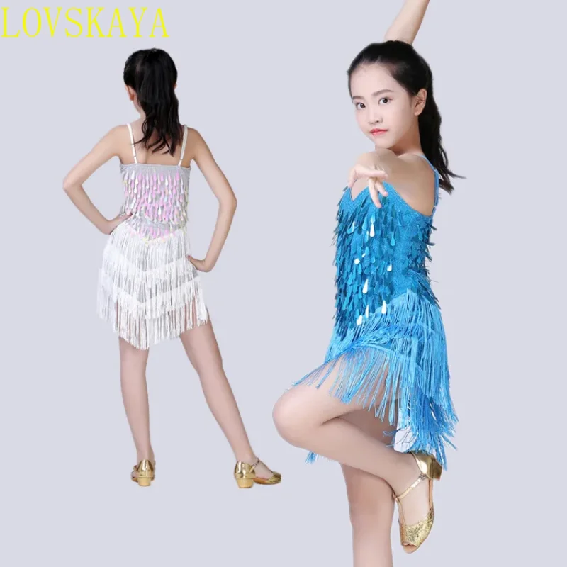 1pcs/lot Children Fashion Sequin Tassel Dancing Dress Girl Performance Tango Cha Cha Dancing Dress