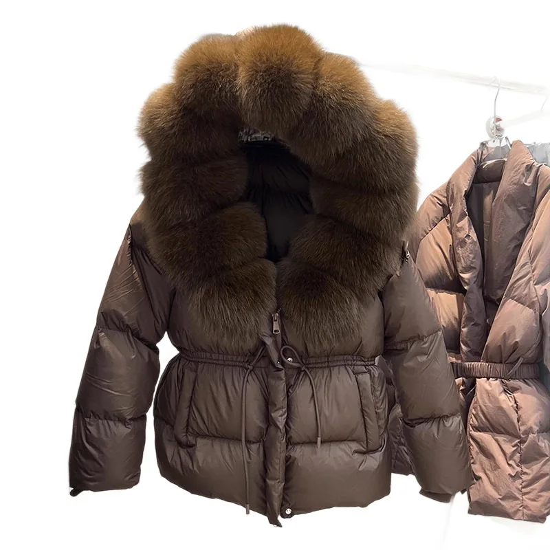 سترة فرنسية أنيقة فاخرة بياقة من فرو الثعلب الطبيعي مع قلنسوة للنساء برباط علوي بقصة ضيقة وسميكة ودافئة للشتاء معاطف قصيرة للأسفل