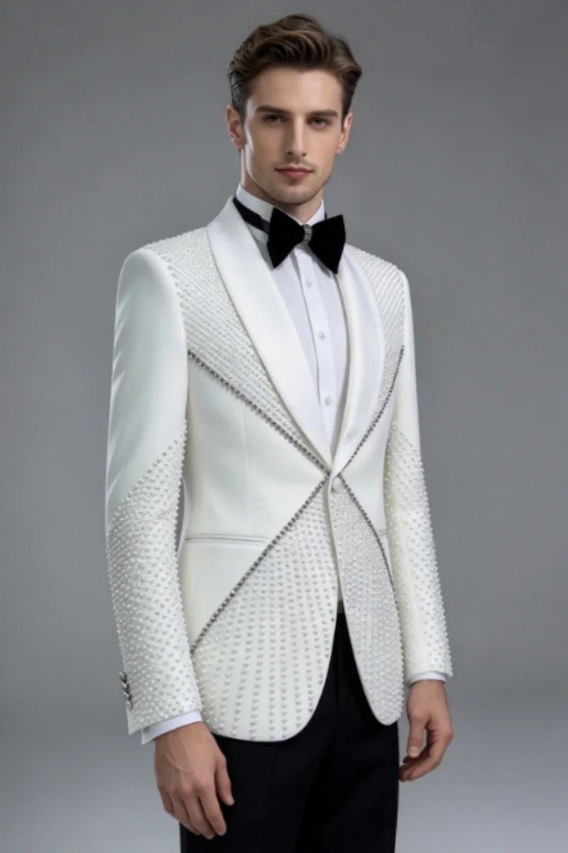 Luxury Geometric Pearl Beaded Men Suits Customized Slim Fit Shawl Lapel Wedding Groom Tuxedos 2 Pieces Sets Male Party Blazers