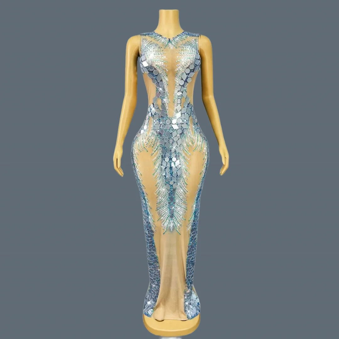

Nude Mesh Silver Mirrors Sparkly Rhinestone Evening Dress Sexy Women Prom Elegant Long Dress Sleeveless High-end Gown Shuilanhua