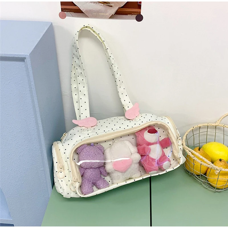 Angel Wings Ita-Tasche mit transparentem Sichtfenster, Damen-Umhängetasche im japanischen Stil, vielseitige Polka-Dot-Handtasche für den täglichen Pendelverkehr – Detail 29