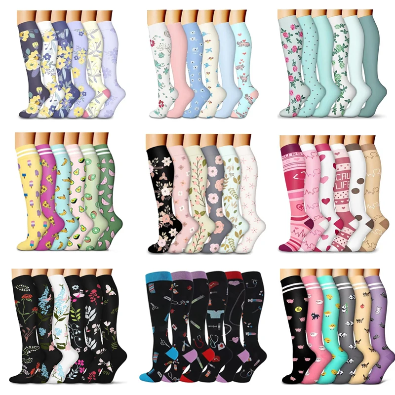 

6 Pairs Compression Socks Medical Varicose Riding Socks Sports Fitness Running Women Long Tube Diabetes Flower Support Socks