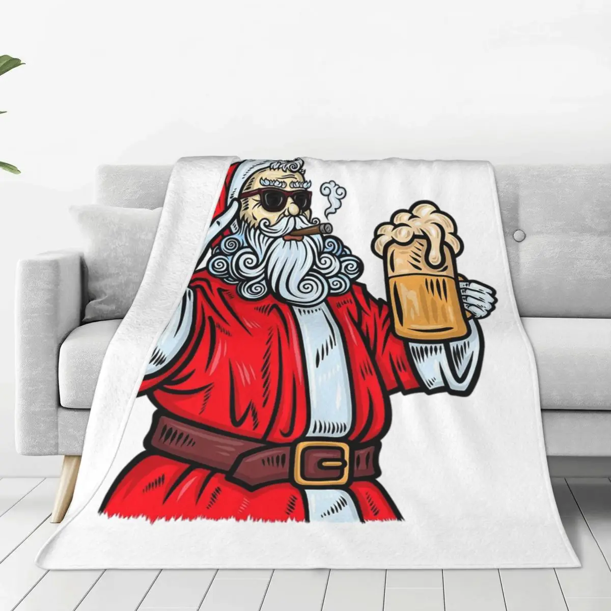 Bad Santa Claus, Rock, Beer And Cigar Blankets Soft Flannel Throw Blanket Bedding for Bed Living room Picnic Travel Home Couch