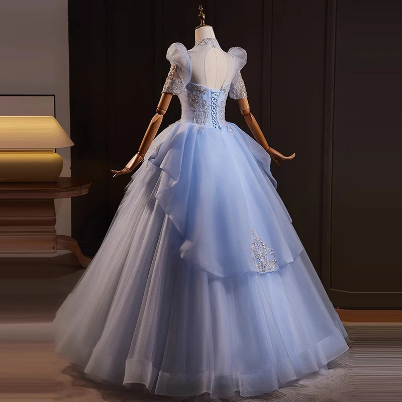 AnXin SH vintage princess blue lace o neck beading crystal short puff sleeves stage ball gown lace up customized evening dress