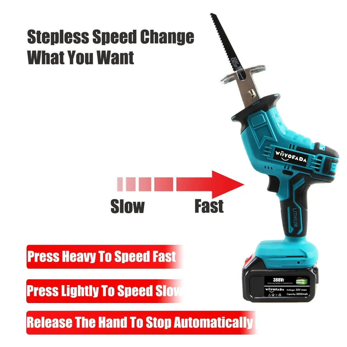 Cordless Reciprocating Saw 18V Adjustable Speed Chainsaw Wood Metal PVC Pipe Cutting Reciprocating Saw Power Tool By WOYOFADA