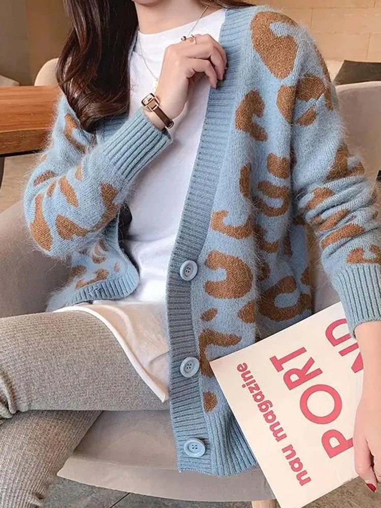 

Leopard Print Knit Cardigan Fall Women's Korean Sweater Coats Casual Vintage Loose Knitewear Jackets V-neck Malhas Gilet Z509