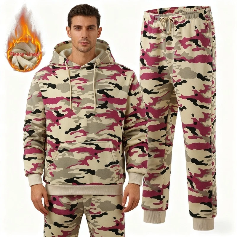 

Men's Camouflage Matching Set, Fleece Lined Hoodie and Jogger Pants 2 Piece Tracksuit, 2025 New Street Sportswear