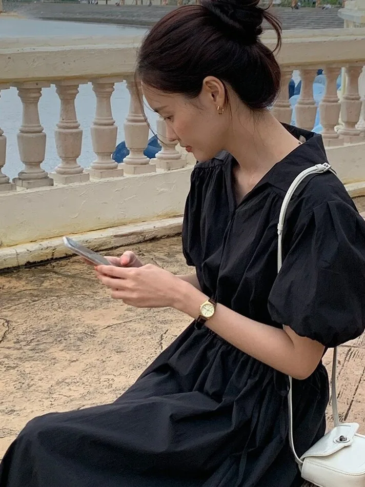 White Shirt Dress Women Summer Korean Style Simple Drawstring Belted Slimming Bubble Sleeve Long Dress Spring Autumn Winter