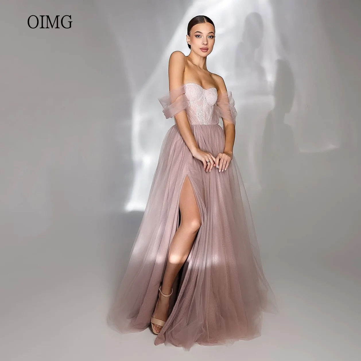 

OIMG Opulent Off The Shoulder A Line Prom Gowns Lace Sweetheart Neck Party Gown Side Slit Floor Length Evening Dress Customized
