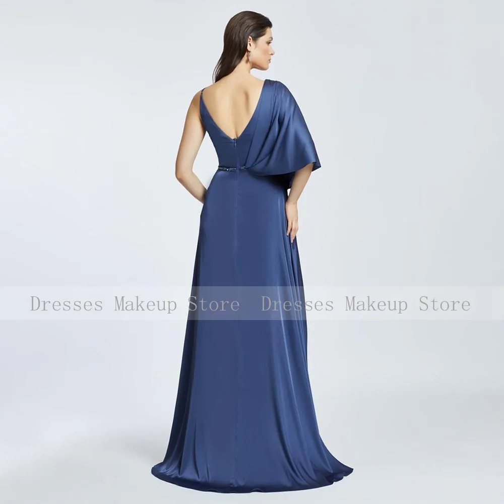 Vestido de noche azul marino para mujer, manga de murciélago, cuello en V, abertura lateral larga, cinturón de línea A, satén, fiesta de boda, 2024