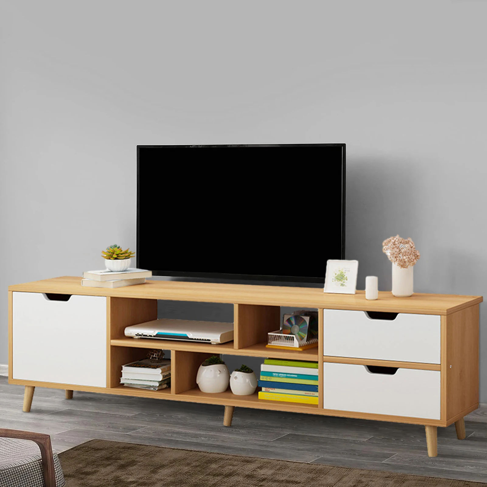 Modern TV Stand with 3 Drawers Open Shelves Minimalist Wooden Entertainment Center for TVs Up Sturdy TV Console Living Bedroom