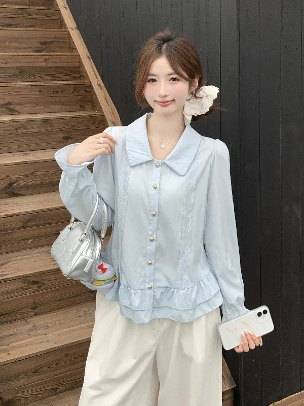 

Синий длинный свободный топ для женщин больших размеров, весна 2026, повседневный, в корейском стиле, с пуговицами, стройнящий