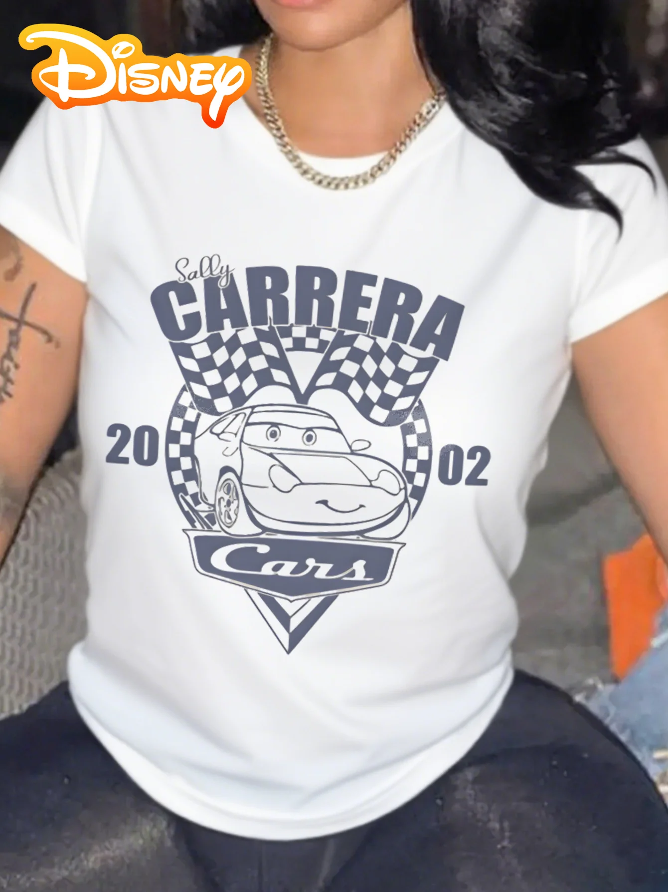

Women's Disney Car Movie Sally Carrera Pattern White Racing Design T-shirt Casual Cartoon Printed Round Neck Top