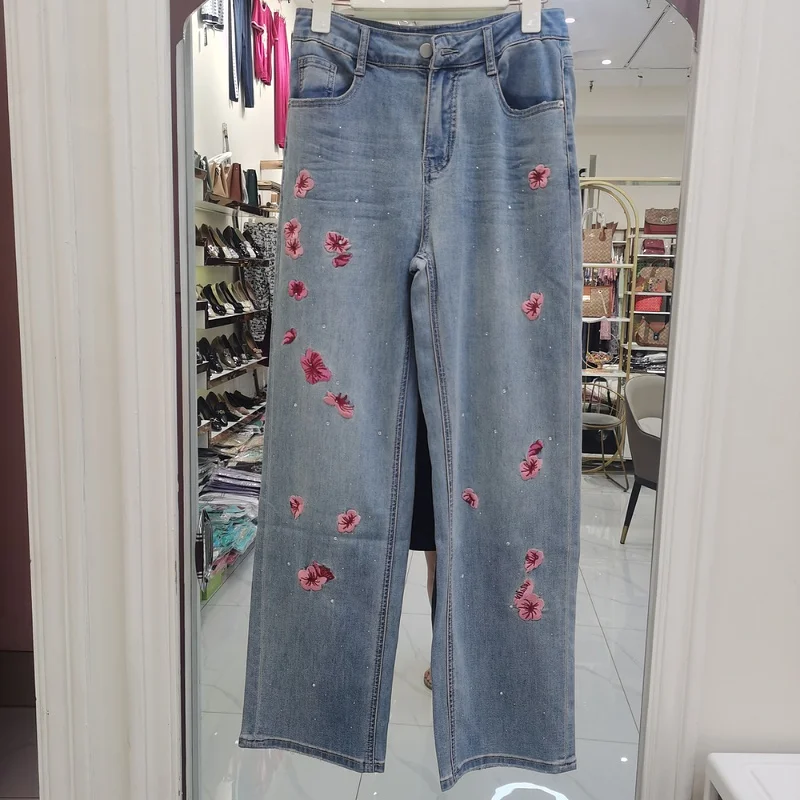 

Джинсы женские летние новые в корейском стиле, с вышивкой сакуры, с высокой талией, свободные, прямые, повседневные, длинные, в пол, для тяжелой промышленности