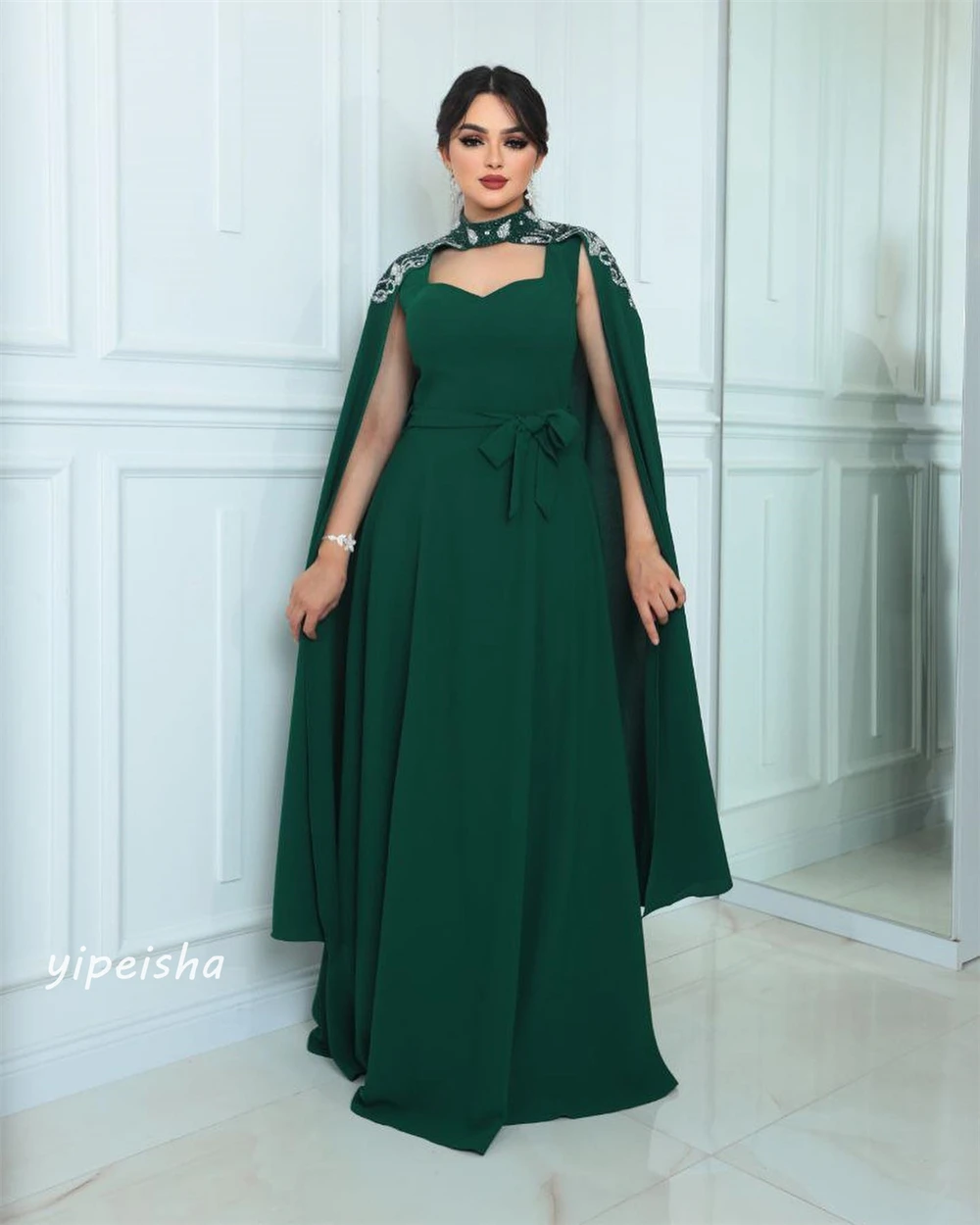 Jersey Sequined Bow Ruched Celebrity A-line High Collar Bespoke Occasion Gown Long Dresses