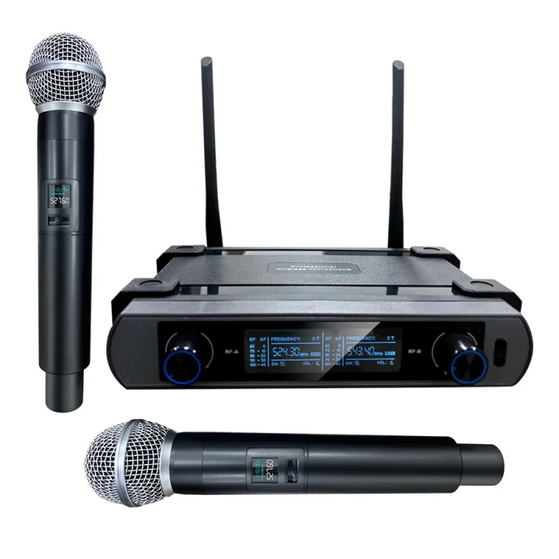 Professional 2 Channel UHF Wireless Microphone System Dual Handheld Mics for Karaoke Stage Performance